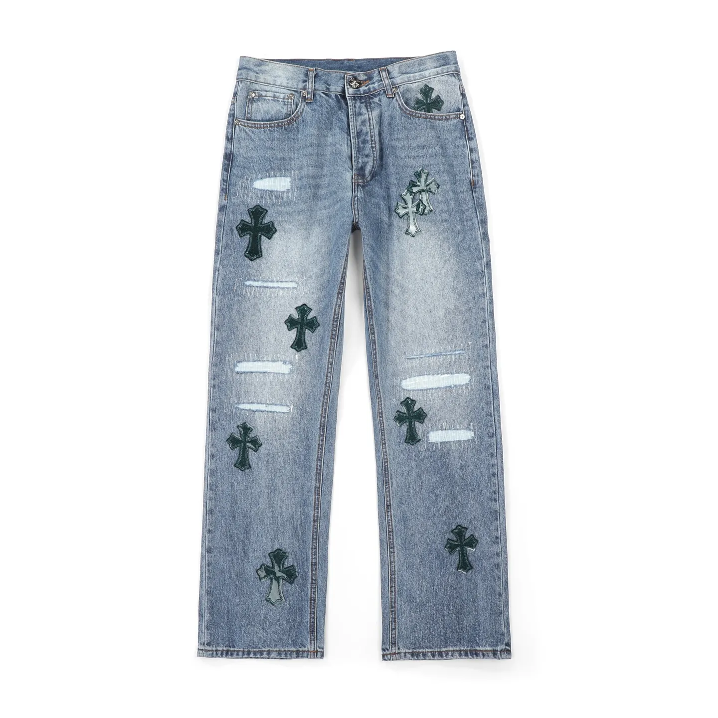 P280 Chromehearts washed blue ripped starry sky leather jeans adopt starry sky theme leather elements, mostly presented in the shape of a cross, with glitter on the leather surface. Unique design, simple and elegant details, exquisite workmanship, the entire trousers are neatly routed, and the details are in place! Ceiling-level jeans, a pair that is hard to find at the counter. About Zangyin, this is an extremely luxurious fashion brand that can also be called the aristocrat of the high street. It has always been an exclusive brand for some hipsters or the rich second generation. It is more luxurious and noble than ordinary high streets. It is more fashionable and individual than luxury brands. Top heavy industry fashion design has always been created in high street luxury style. Speaking of this style, Zangyin family and GU family are definitely the leading representative brands, especially the Zangyin family's creation of high street style. It has really achieved a state-of-the-art effect. The color system of this model is made of unique washed materials. It is already quite eye-catching. It is decorated with pink patchwork cross flowers, which cleverly highlights the charm of the brand. Secondly, this model adopts a classic high-waist cutting design, which highlights the long legs and fashionable temperament of the upper body. The brand is highly recognizable and the slim-fitting configuration is more suitable for daily wear. Personality, fashion, and specification interpretation are all at a glance. Needless to say, materials and craftsmanship. As an excellent craftsman brand, Zangyin’s requirements for details and craftsmanship are really perfect. The washed color of this model has gone through a lot of processes, not to mention the embellishment of the denim appliqués. It is also purely hand-made and sewn. Just like what they believe in, only hand-made things have soul and have the meaning of wearing. A top-notch heavy-duty fashionable denim item. Recommended by both hands. Size: 28/30/32/34/36 Waist: 73/78/83/88/93 Knee: 52/53.5/55/56.5/58 Pants length: 100/102/104/106/108